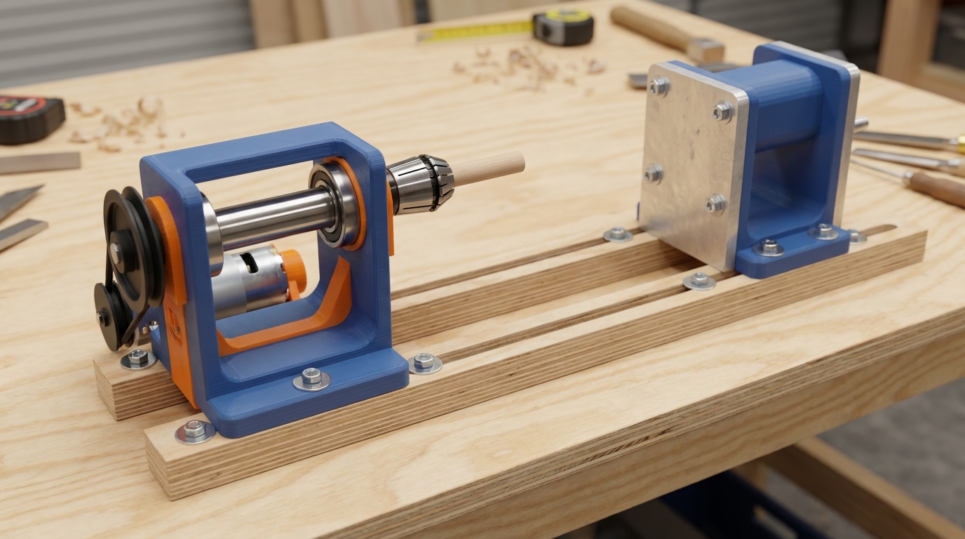 Photo of an assembled 3D-Printed Wood Lathe showing headstock with bearings, stainless steel rod spindle, ER11 collet chuck, motor and pulley drive, tailstock with aluminum plates, and the lumber base with adjustable slotted rails.