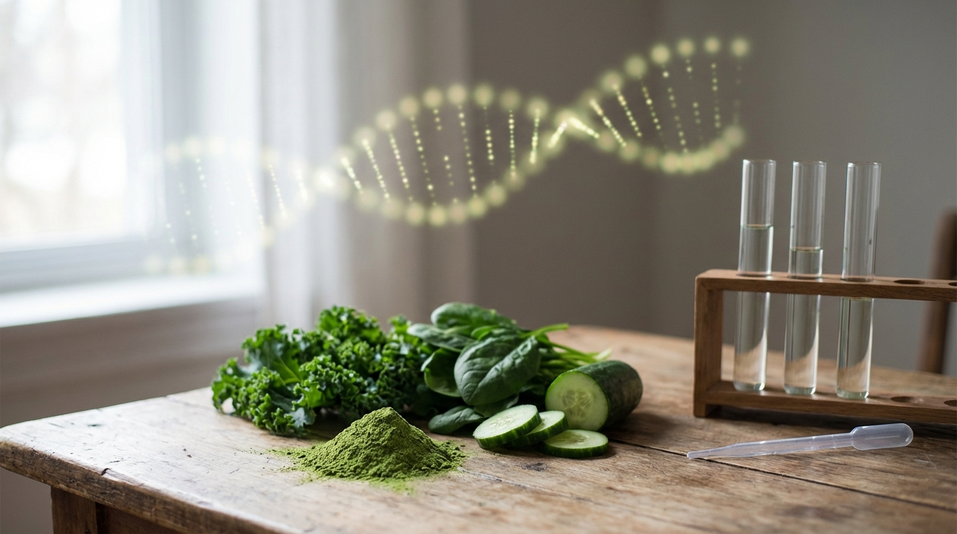A wooden table with green powder, leafy greens, test tubes, and a subtle DNA helix