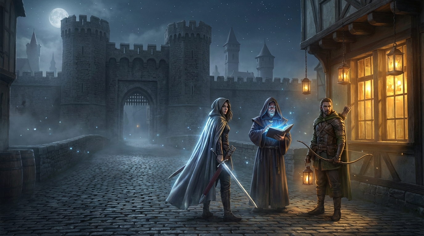 Moonlit cobblestone street toward a grand stone gate with three adventurers and a warm tavern light