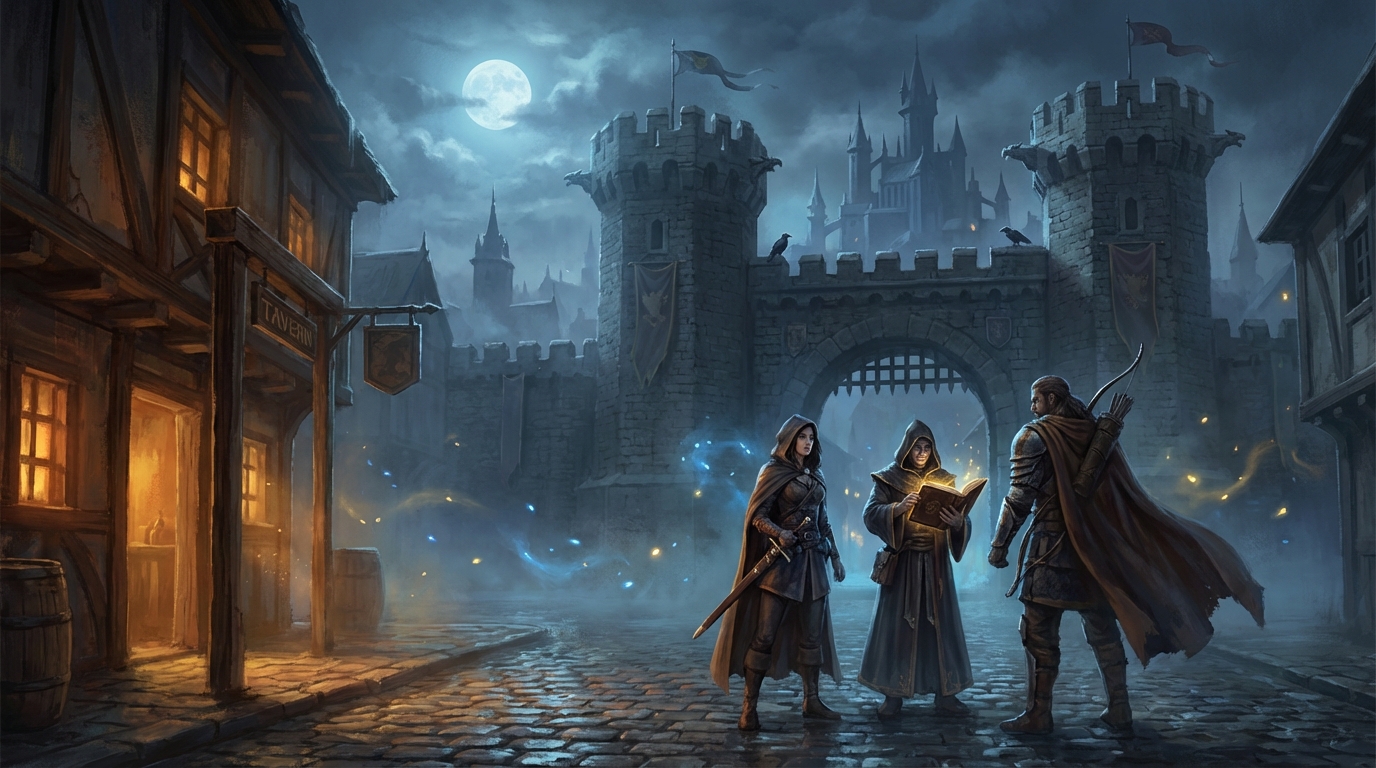 A moonlit fantasy RPG street leading to a grand stone gate with three adventurers and a tavern light