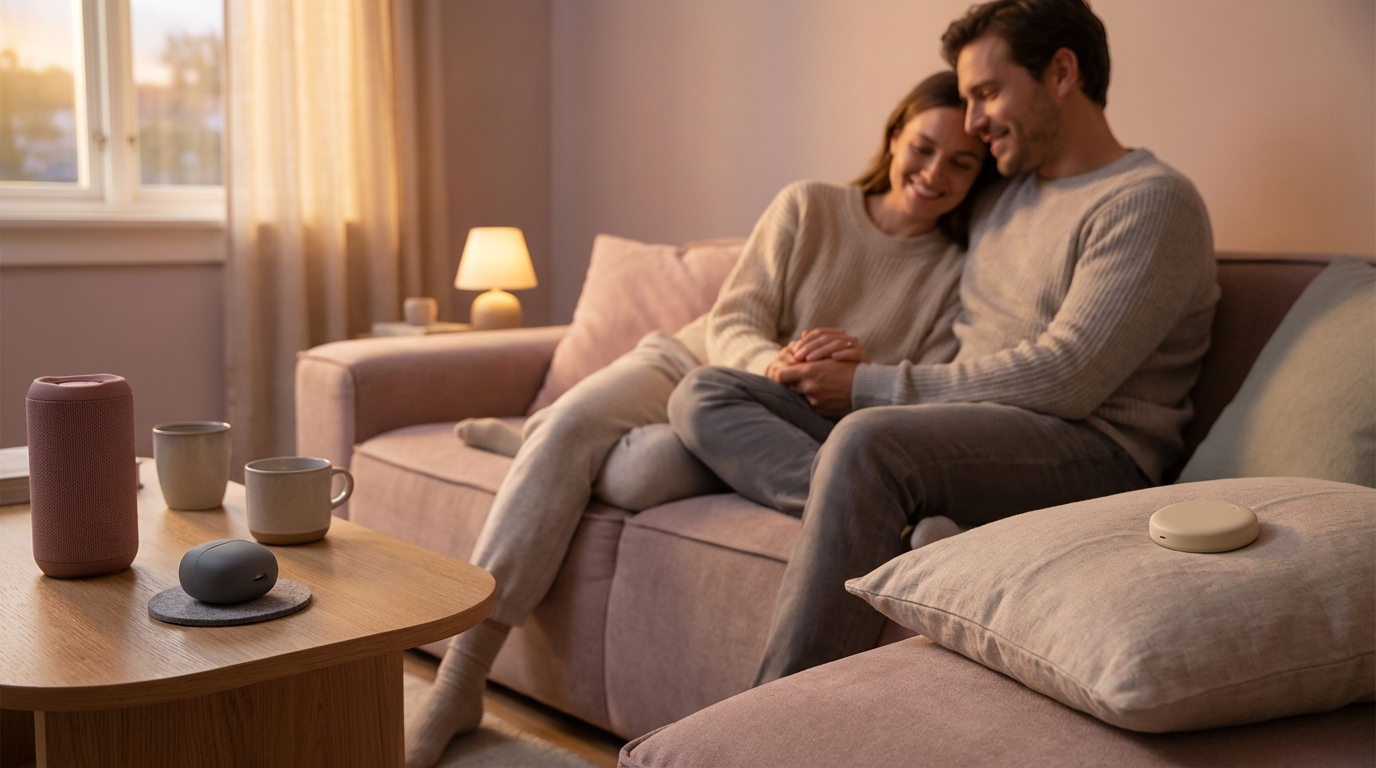 A warm, softly lit scene of a relaxed couple sitting close on a couch at dusk. On a nearby table sit three subtle tech objects: a rounded wearable device on a coaster, a compact portable Bluetooth speaker, and a minimalist sleep tracker on a pillow. Muted pastels, soft shadows, and gentle bokeh create a cozy, intimate mood without text or brand marks.