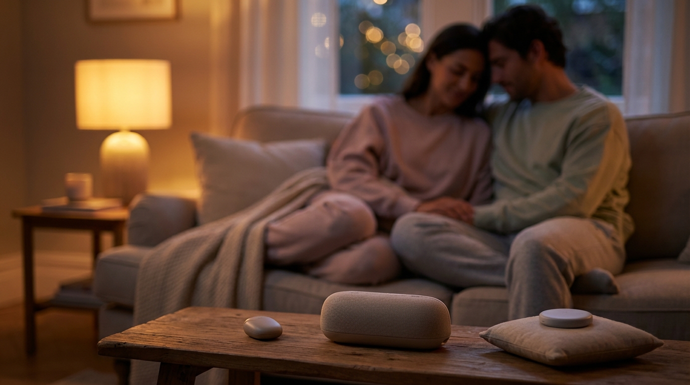 A warm, softly lit scene of a relaxed couple sitting close on a couch at dusk. On a nearby table sit three subtle tech objects: a rounded wearable device on a coaster, a compact Bluetooth speaker, and a minimalist sleep tracker on a pillow. Muted pastels, soft shadows, and gentle bokeh create a cozy, intimate mood without text or brand marks.