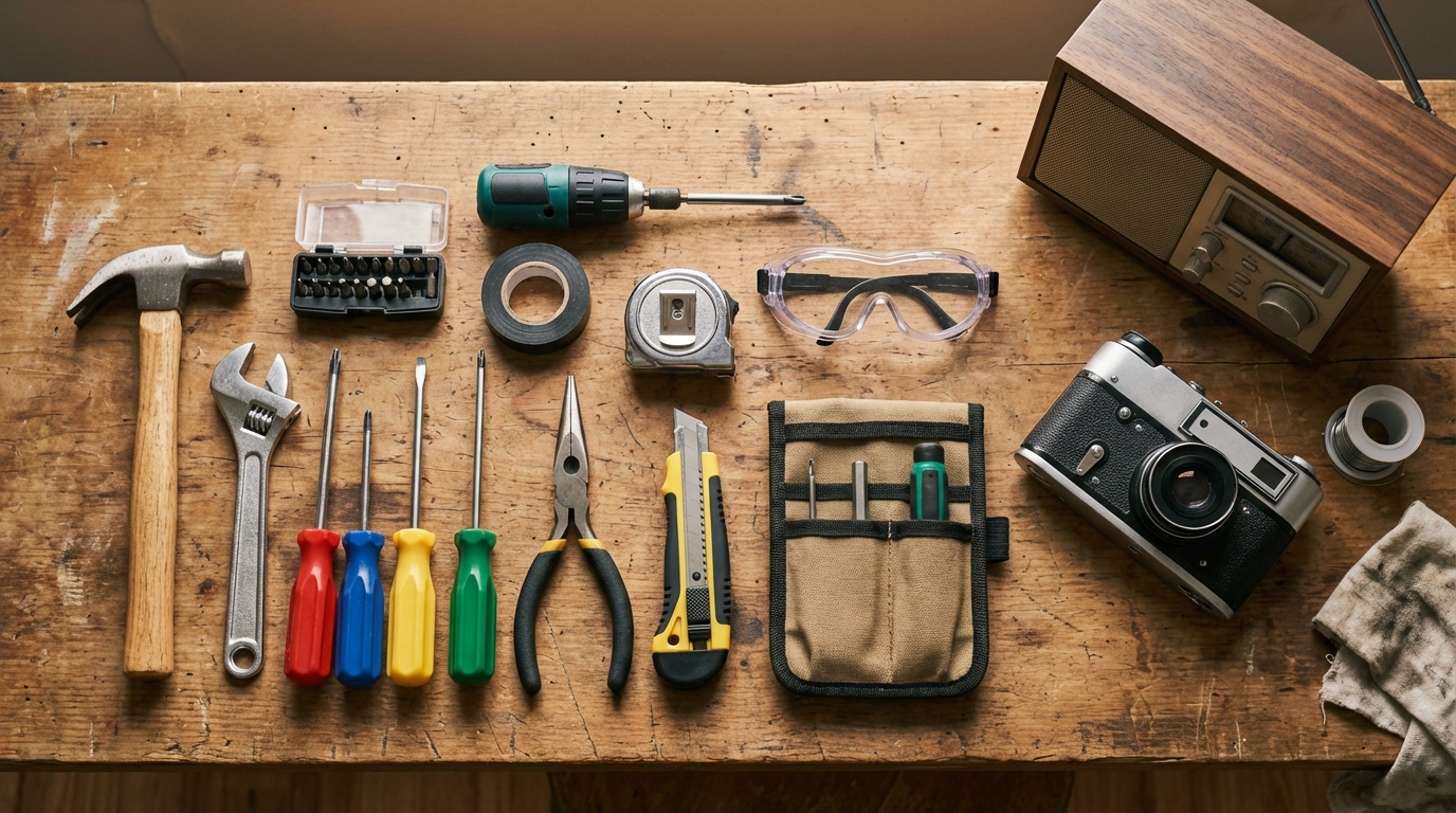 Beginner DIY tool kit with retro radio and camera