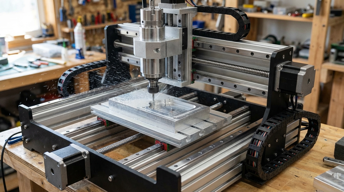 Compact desktop CNC mill in action showing spindle, linear rails, ball screws, flood coolant, and a partially milled aluminum workpiece.