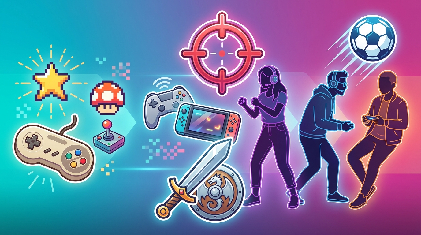 Illustration showing the progression of gaming culture from kid-focused to adult-inclusive, with icons for shooters, RPGs, and sports