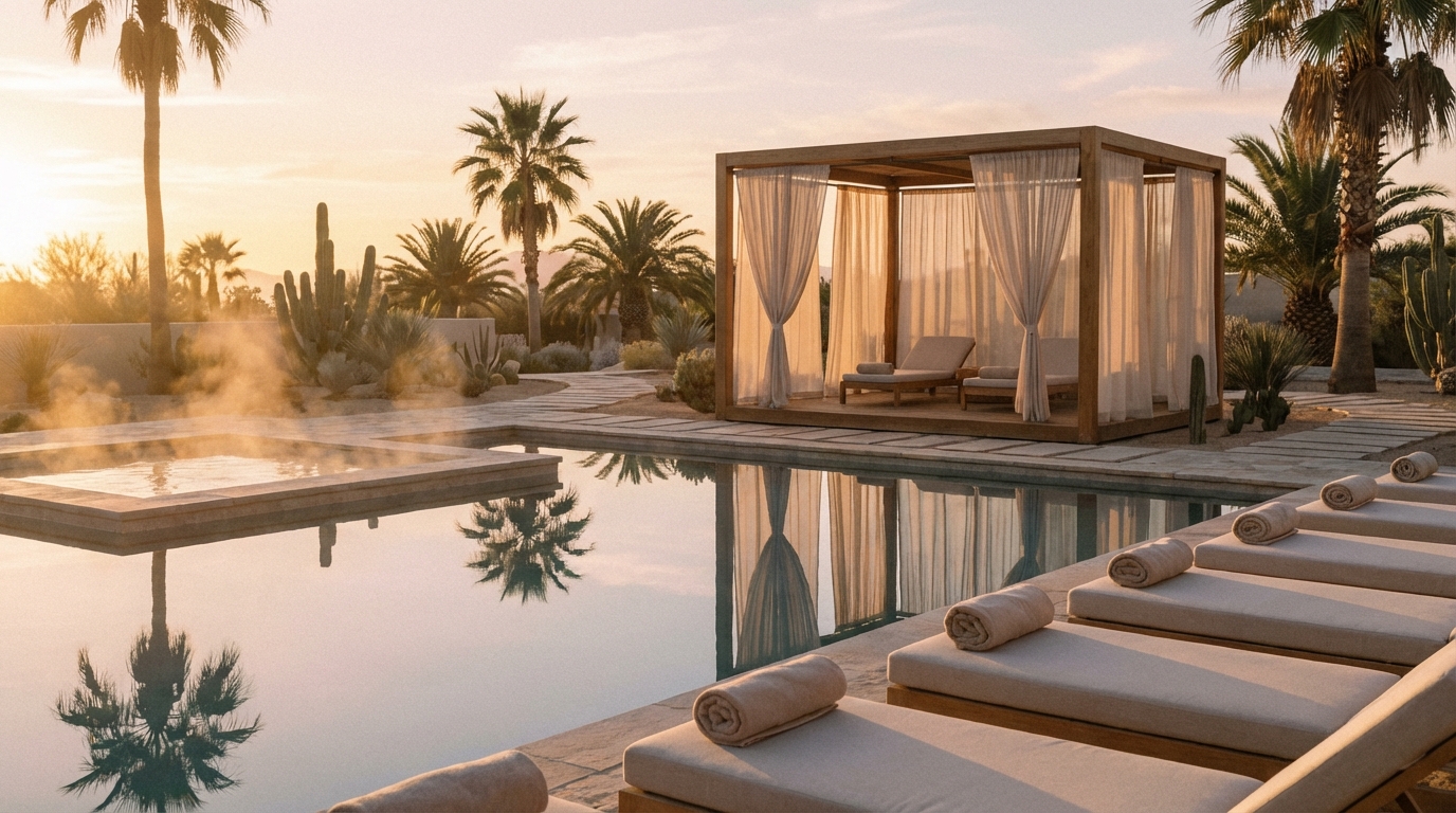 Serene poolside and spa cabana at golden hour