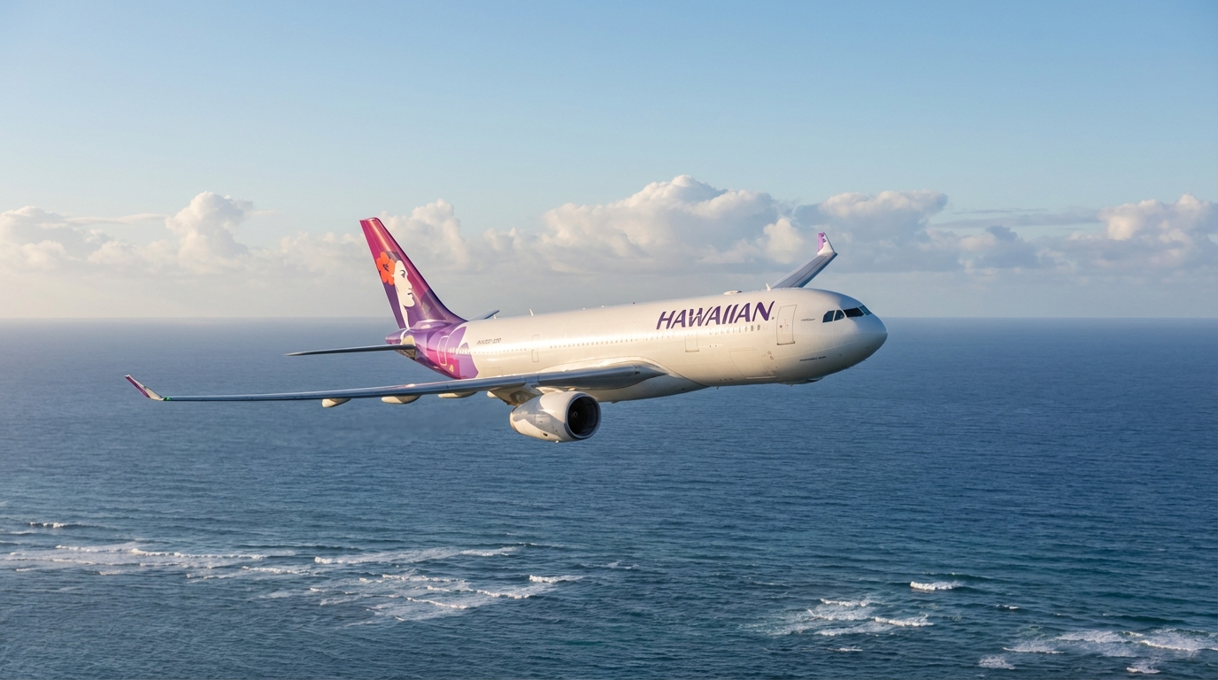 A Hawaiian Airlines Airbus A330-200 flying over the Pacific Ocean with a clear sky and sunlit fuselage, evoking long domestic flights and island escape.