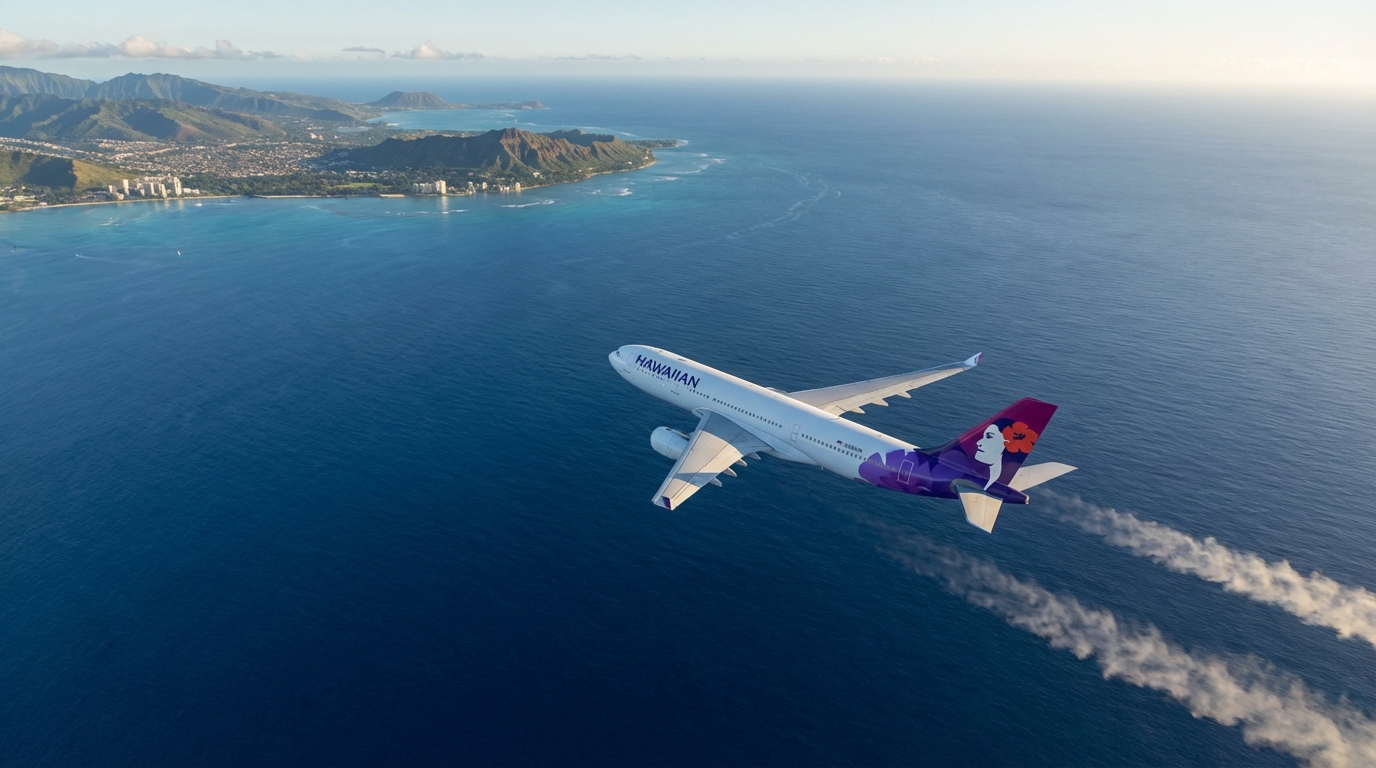 A scenic aerial shot capturing a Hawaiian Airlines Airbus A330-200 in flight over the Pacific Ocean, symbolizing the long journey and the destination allure.