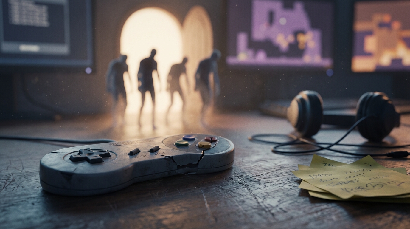 A cracked game controller rests on a worn desk while fading silhouettes of developers walk toward a dim doorway, scattered sticky notes and unplugged headphones nearby, and blurred monitors glow in the background.