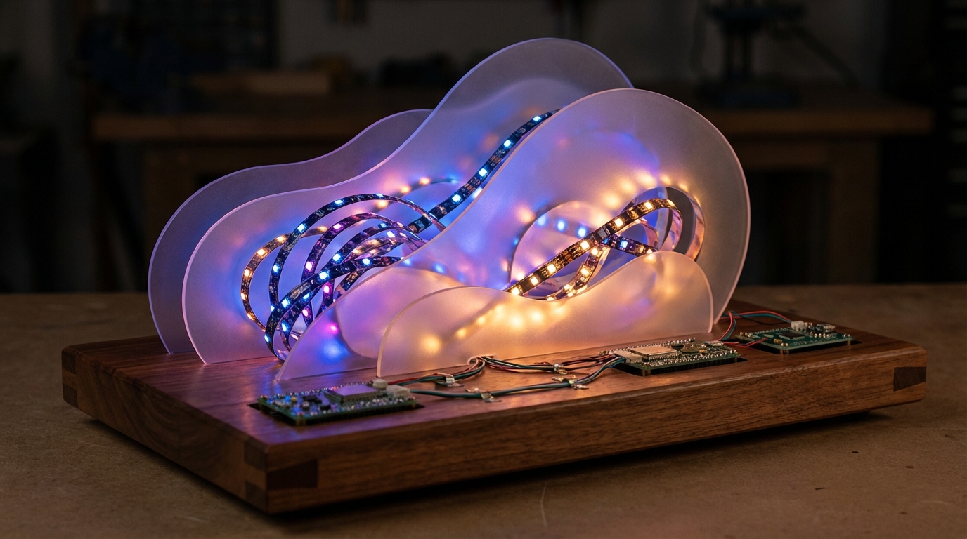 Lumanoi-inspired interactive LED sculpture with layered acrylic and wood base