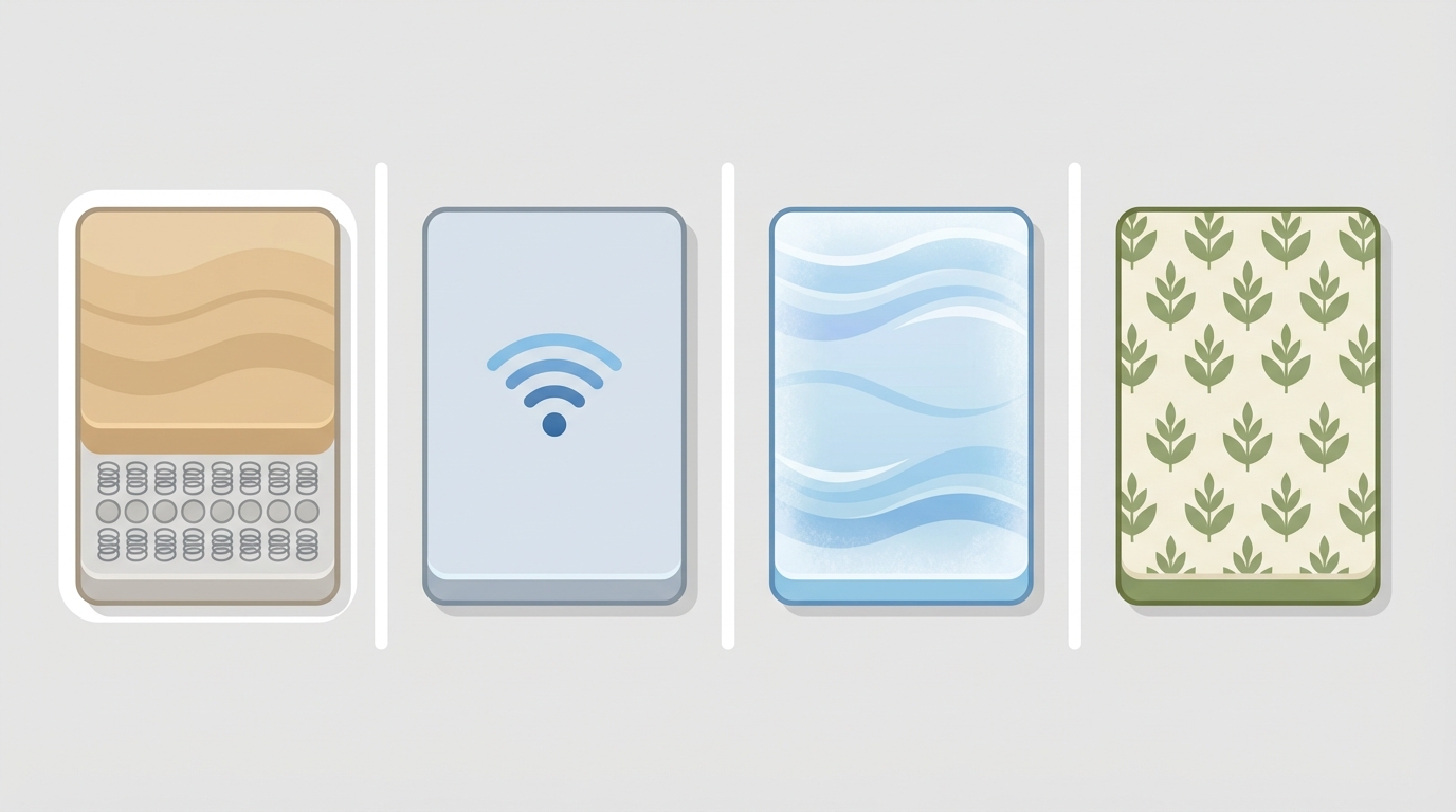 Flat lay illustration of four mattress types for Presidents’ Day sales