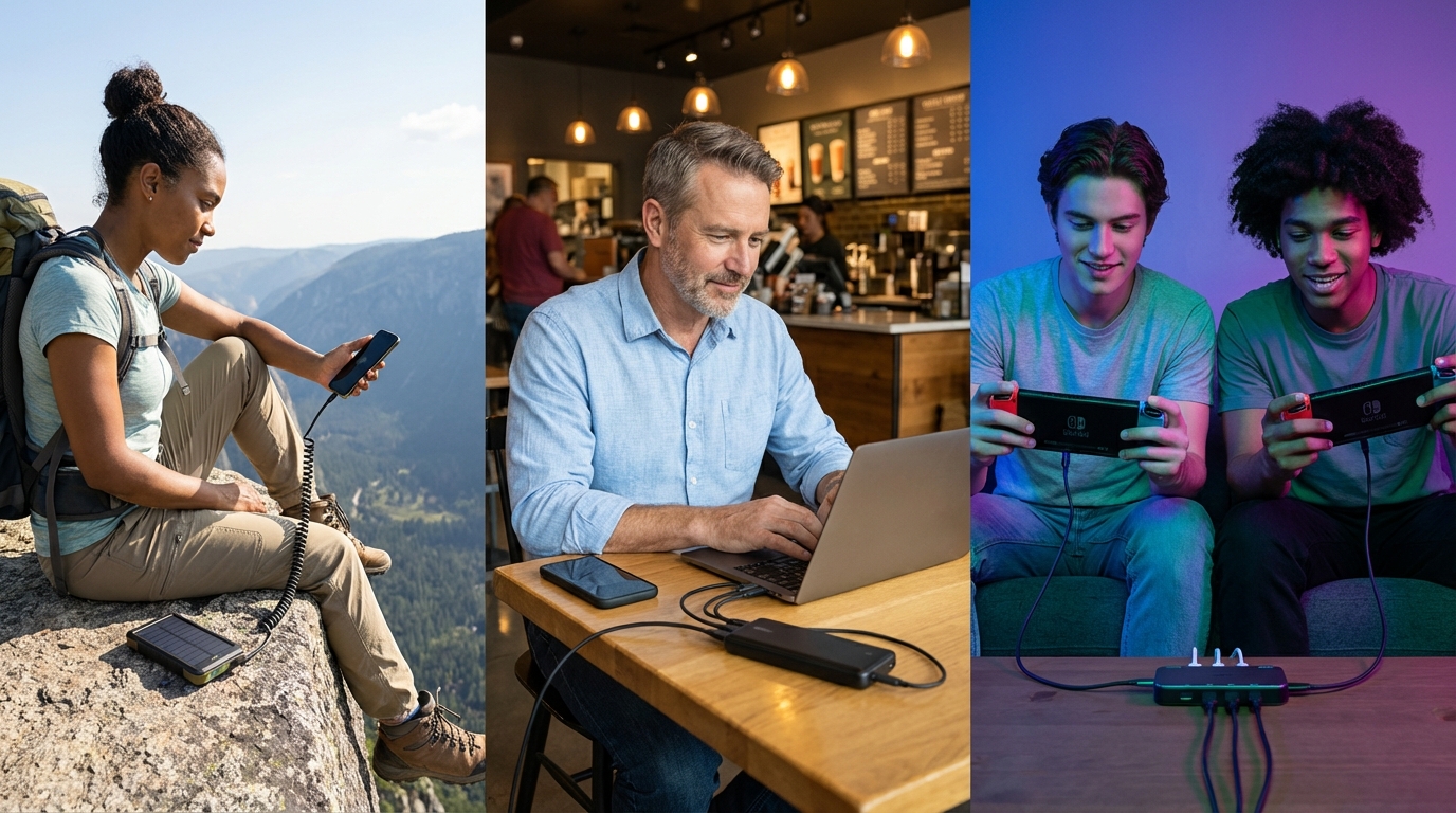 Portable power banks in use, outdoor travel, cafe workspace, gaming session