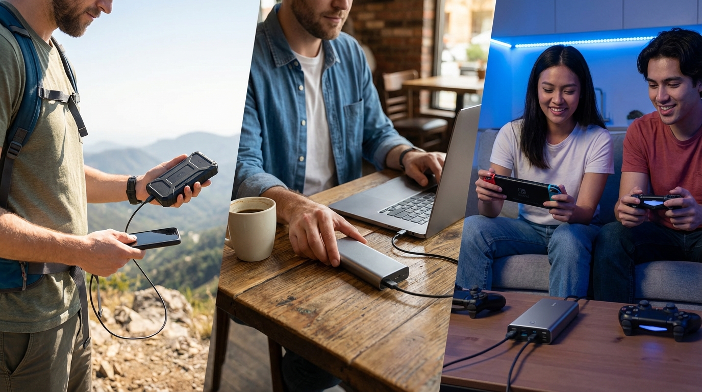 Portable power banks in diverse use cases: outdoor travel, cafe workspace, gaming session