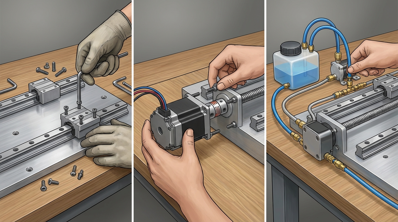 Photo-like illustration showing three assembly stages of the Shariff DMC2 Mini DIY kit: installing base and linear rails, mounting NEMA 23 axis motors with couplers and cabling, and connecting flood cooling plus lubrication plumbing and pump.