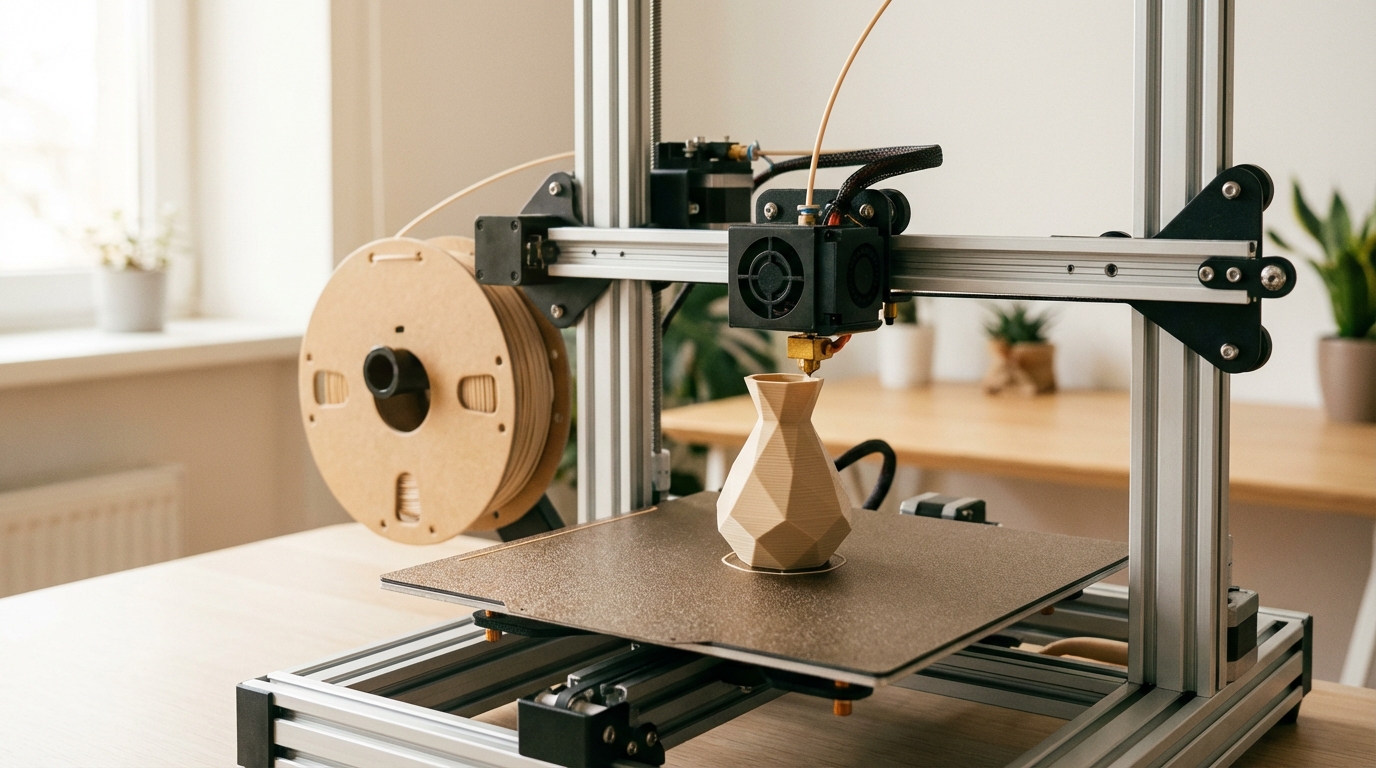 A desktop fused filament 3D printer in action, with the nozzle depositing filament onto a magnetic build plate as it prints a small geometric vase. The filament spool is visible in the background and the scene uses soft natural lighting to keep the focus on the printing process.