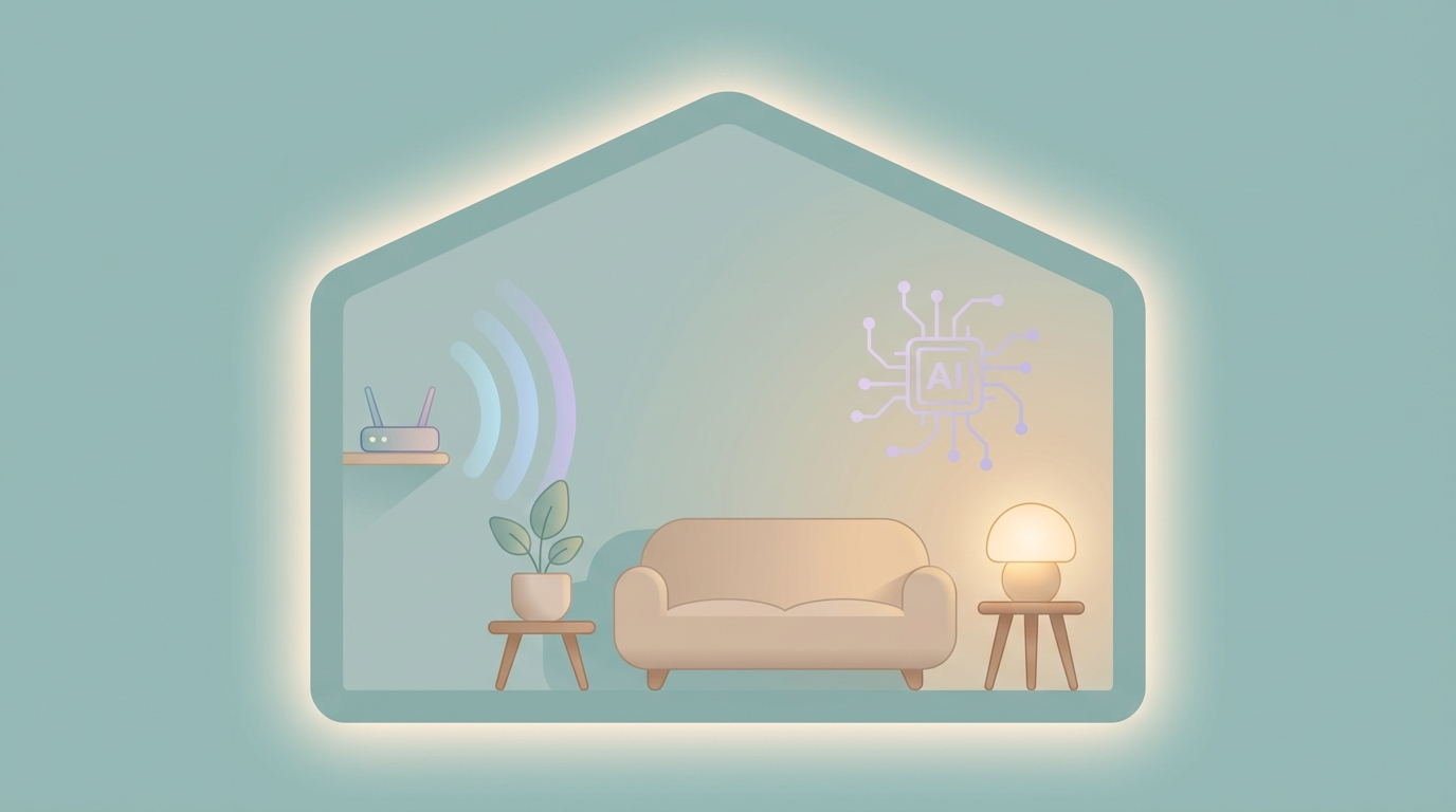 Smart home interior with calming colors and subtle wireless and AI symbols