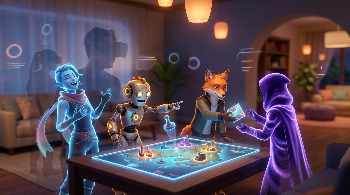 A warm cinematic scene of diverse avatars gathered around a virtual table, laughing and pointing while sharing virtual game pieces in a cozy social VR room. Floating non textual UI shapes hover above, suggesting interaction and presence.
