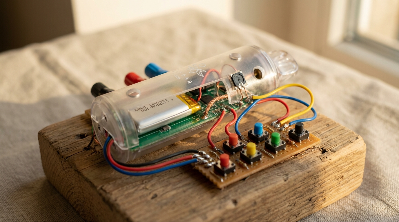 Close-up of a small DIY Vape Synth built from repurposed vape components, showing a lithium-ion cell, low-pressure sensor, wiring, and a 3D-printed enclosure. The photo uses warm natural light and a neutral background to highlight the maker craft.