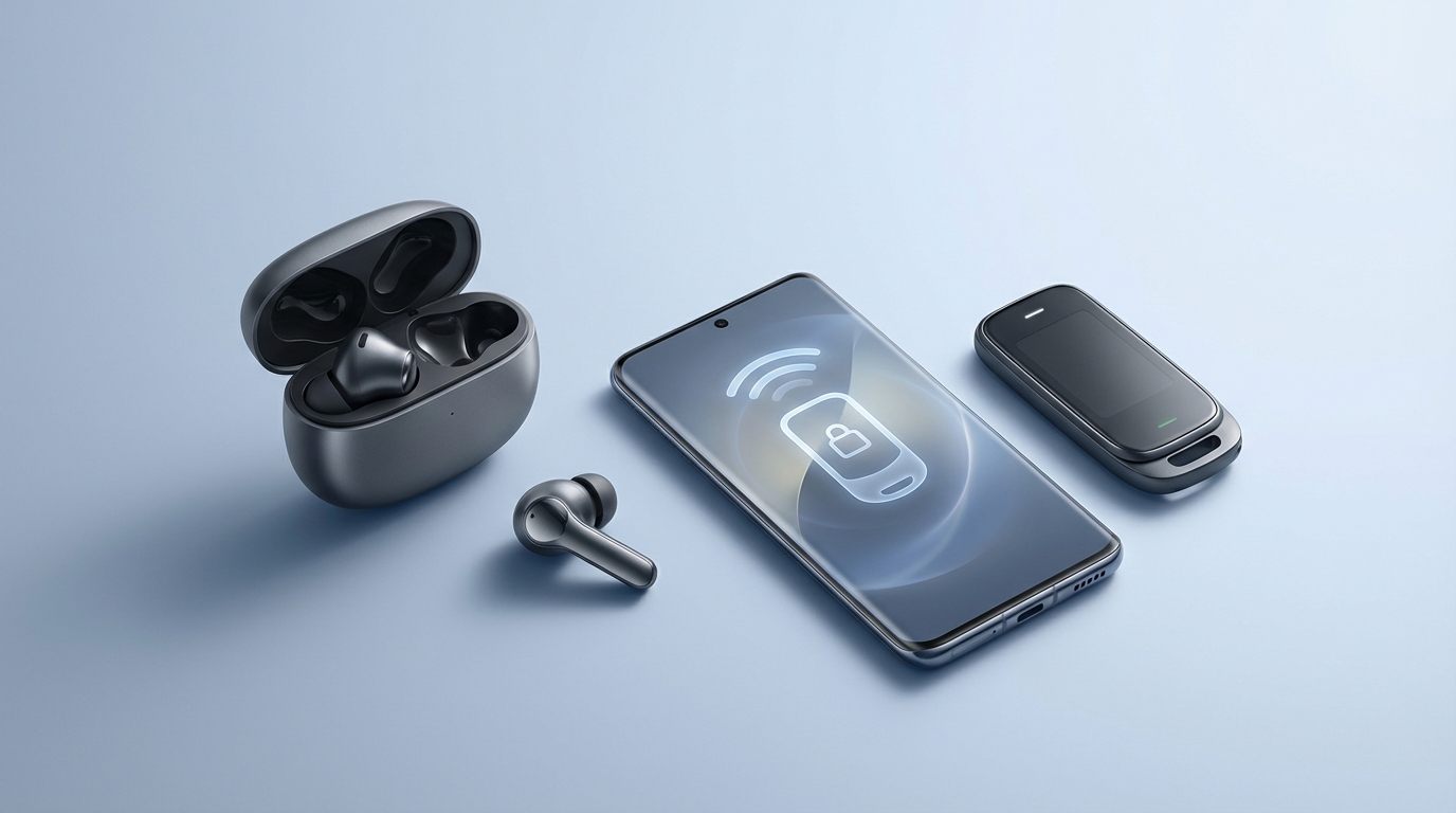 A sleek pair of modern wireless earbuds with an open charging case beside a smartphone showing a minimalist digital car key interface. The composition uses cool blue and gray tones, soft lighting, and subtle shadows to convey futuristic hands-free convenience and innovation.