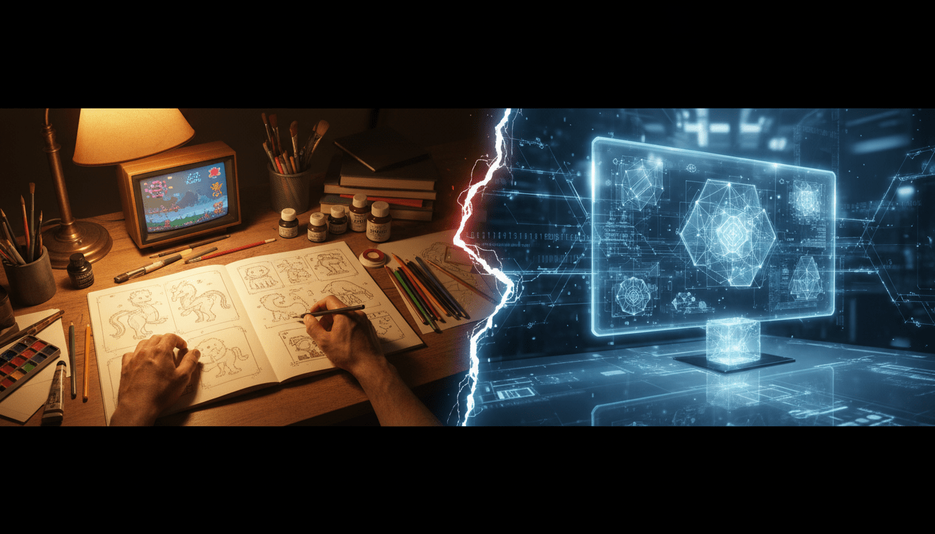 Split scene: traditional artist vs AI-driven generation