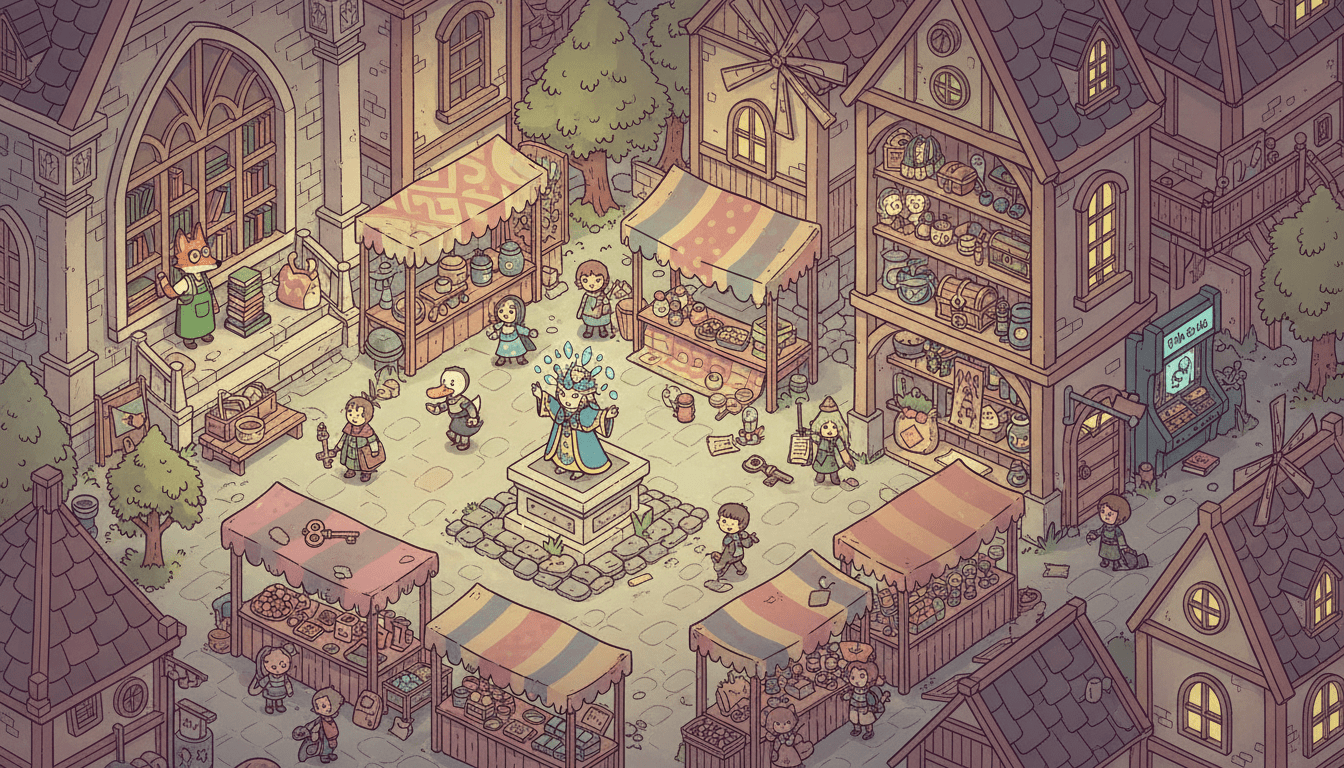 A hand-drawn, dusk town square filled with tiny characters and hidden objects