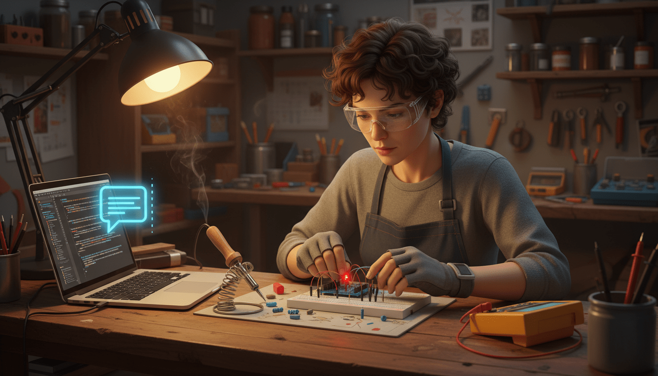 Beginner workbench with AI-assisted coding and hardware components