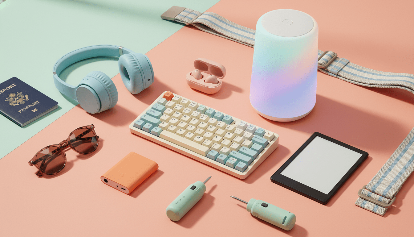 Vibrant assortment of spring-sale gadgets arranged on a pastel background