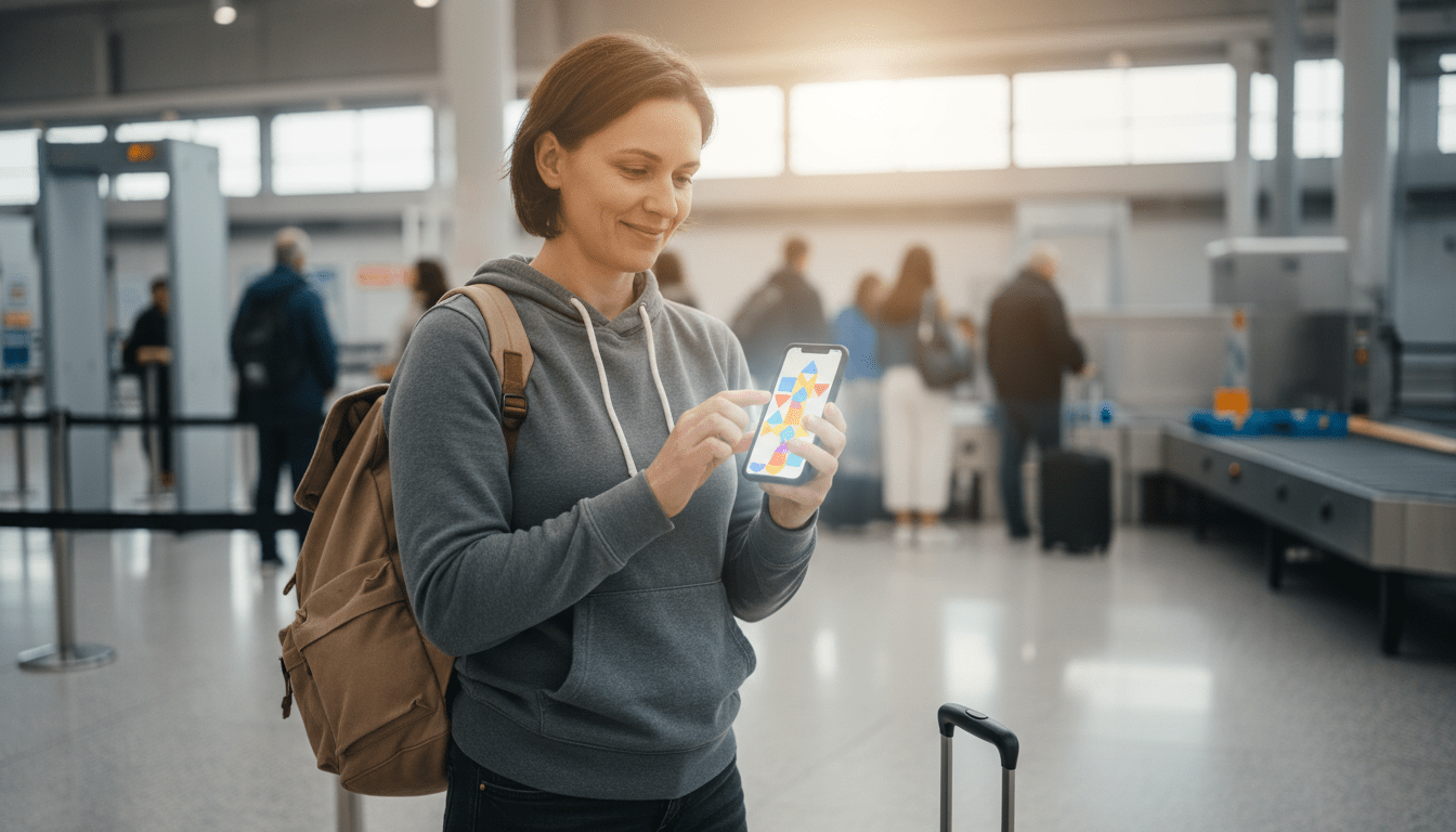 Traveler using mobile games in TSA line