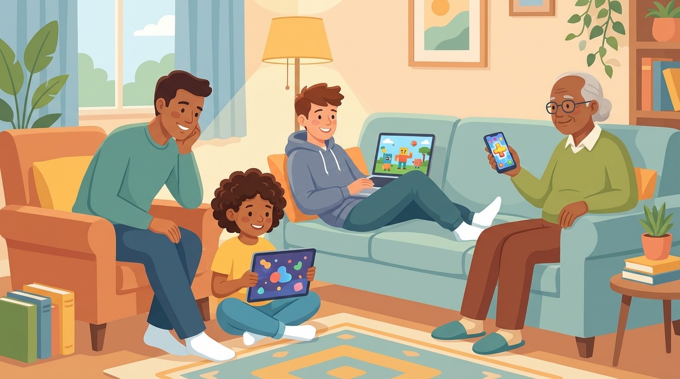 Family-friendly gaming environment illustration