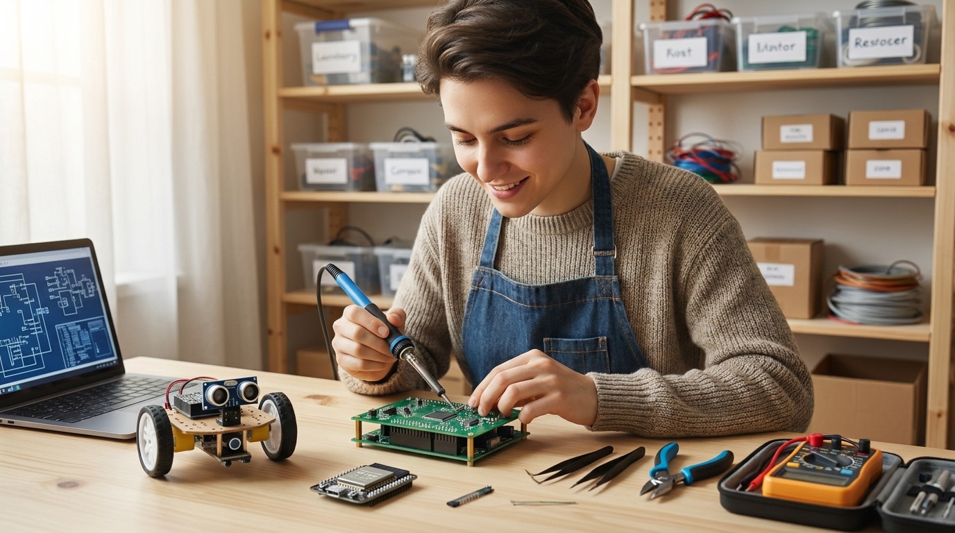 Beginner maker building a PCB and assembling a small robotics project