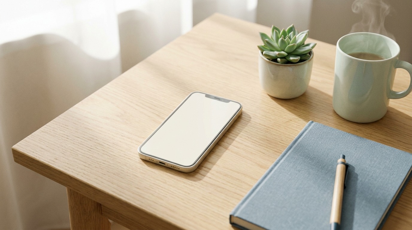 Minimal smartphone and serene workspace with plant, notebook, and mug — visualizing digital minimalism and recharging focus.