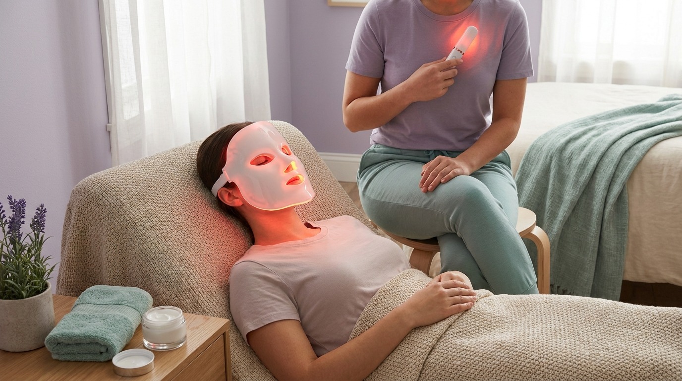 LED skincare devices in a home wellness setting