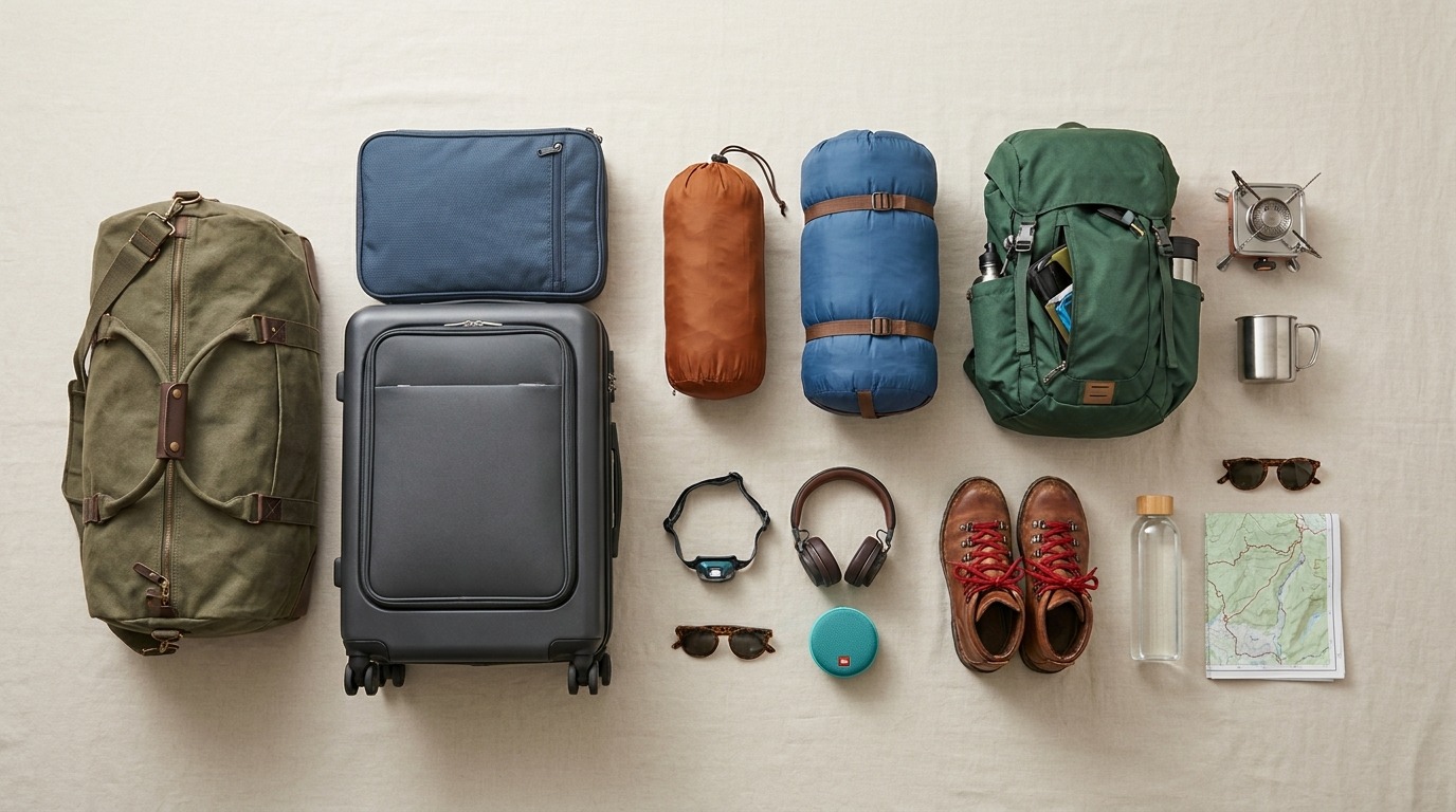 Flat lay of Memorial Day adventure gear arranged on a light background.