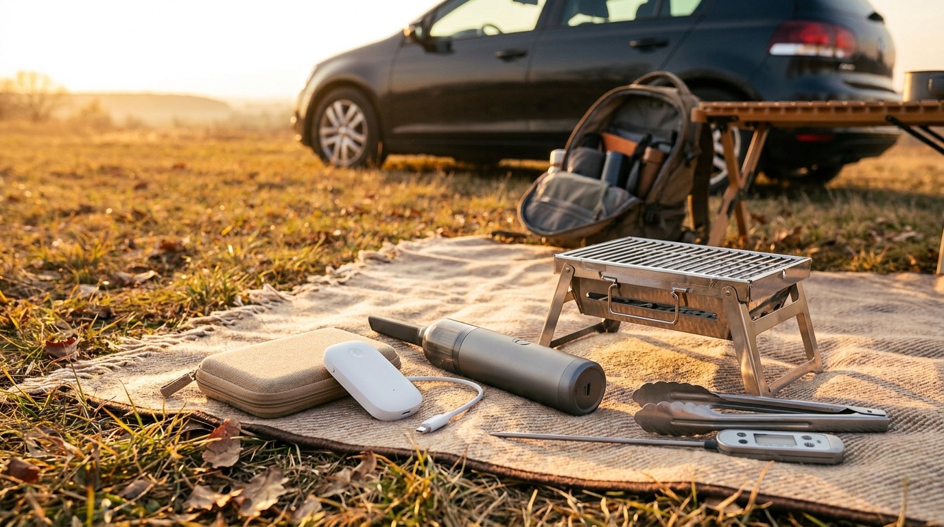 Travel and outdoor gadgets on a picnic blanket at golden hour