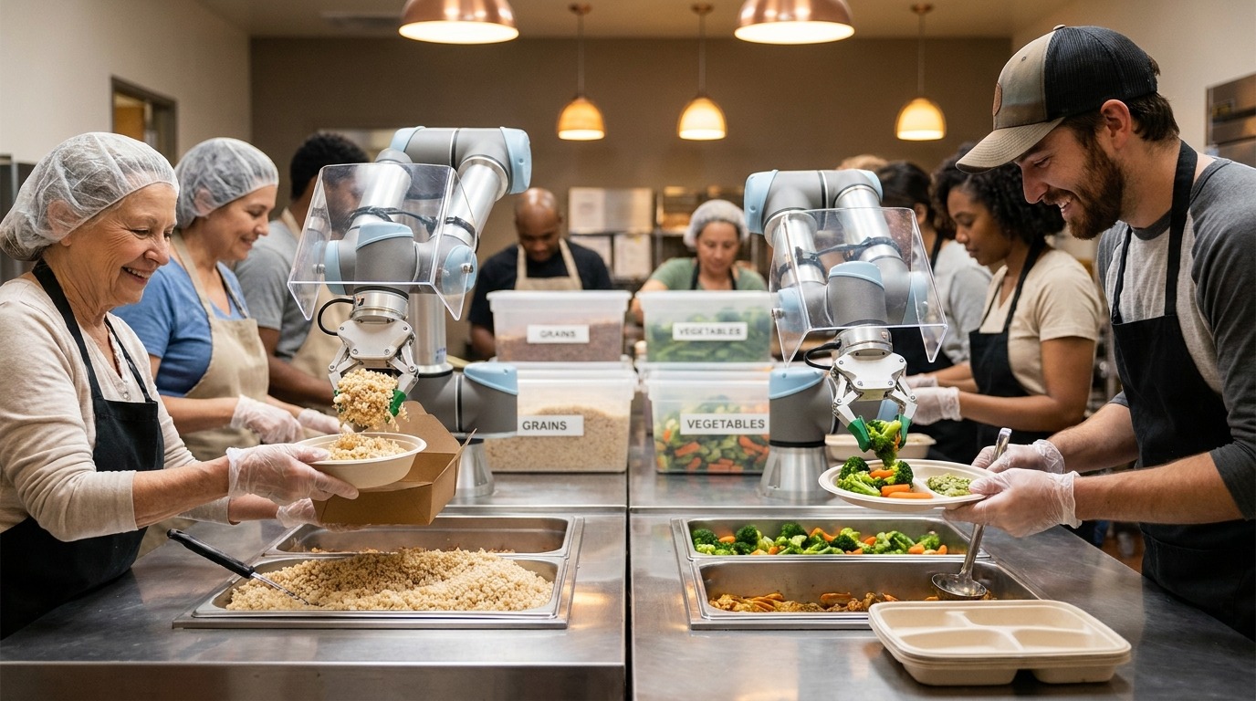 Robotic arms assembling meals in a charity kitchen