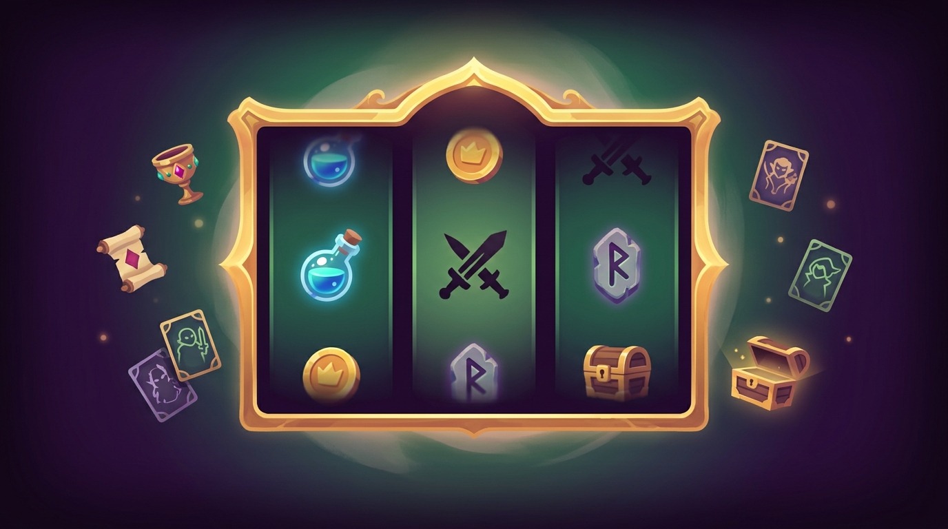 A stylized, atmospheric illustration showing three vertical slot reels with fantasy symbols—a sword, potion vial, gold coin, rune, and dagger silhouette—spinning with subtle motion blur. Floating relic icons, small collectible cards, and a tiny treasure chest orbit the reels. Deep purples, emerald greens, and warm gold accents create a moody fantasy palette. Soft glow and vignette focus attention on the reels. Art style is clean, semi-flat vector with painterly lighting. No text or UI elements included.