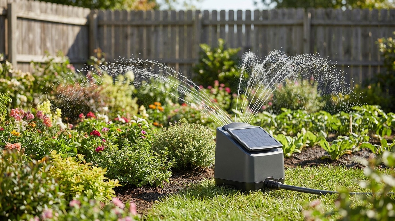 Smart sprinkler installed in a lush garden, showing solar panel on top and even water arcs irrigating plants