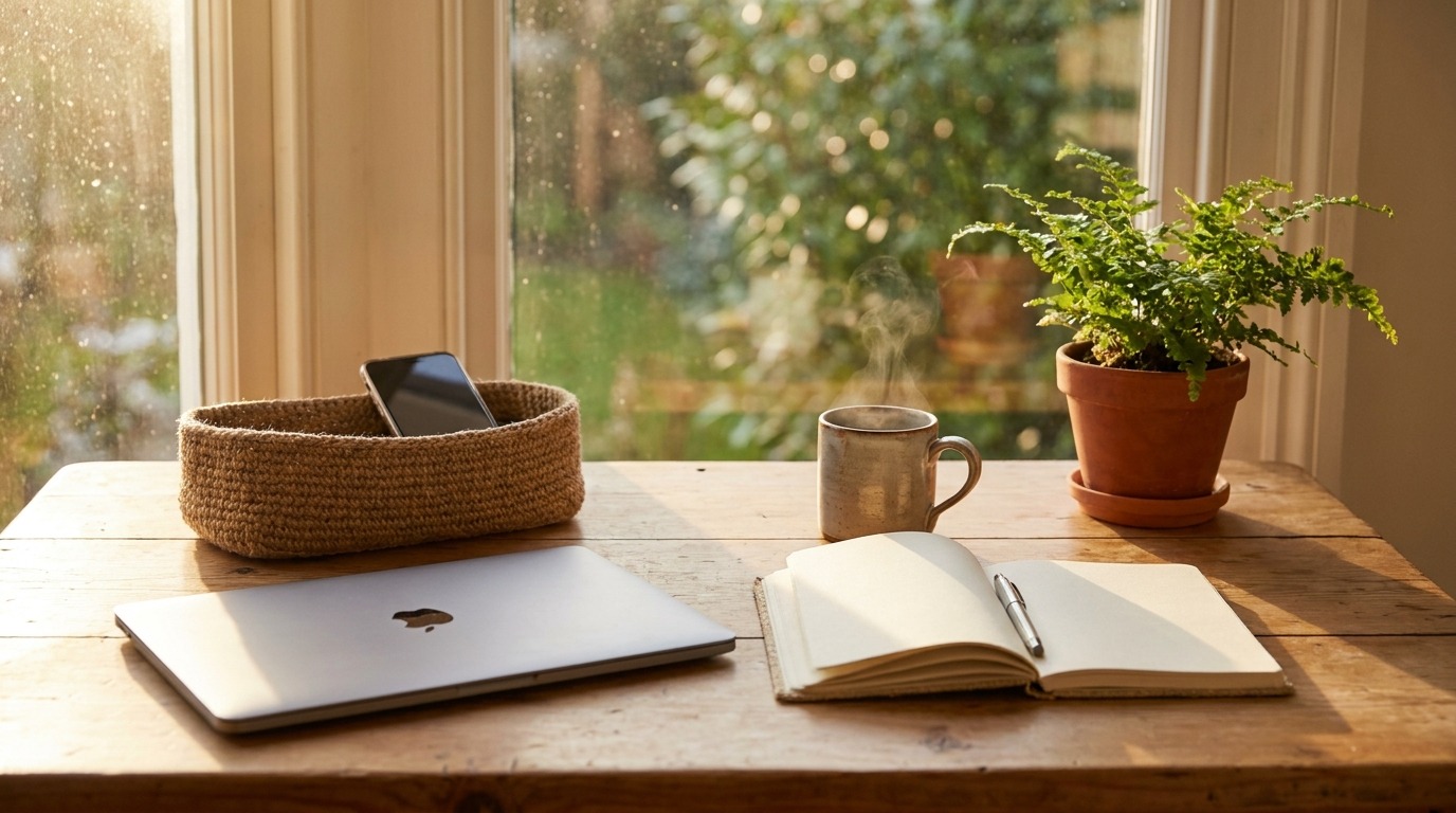 Serene workspace with closed laptop and phone set aside in a woven basket, notebook and mug nearby.