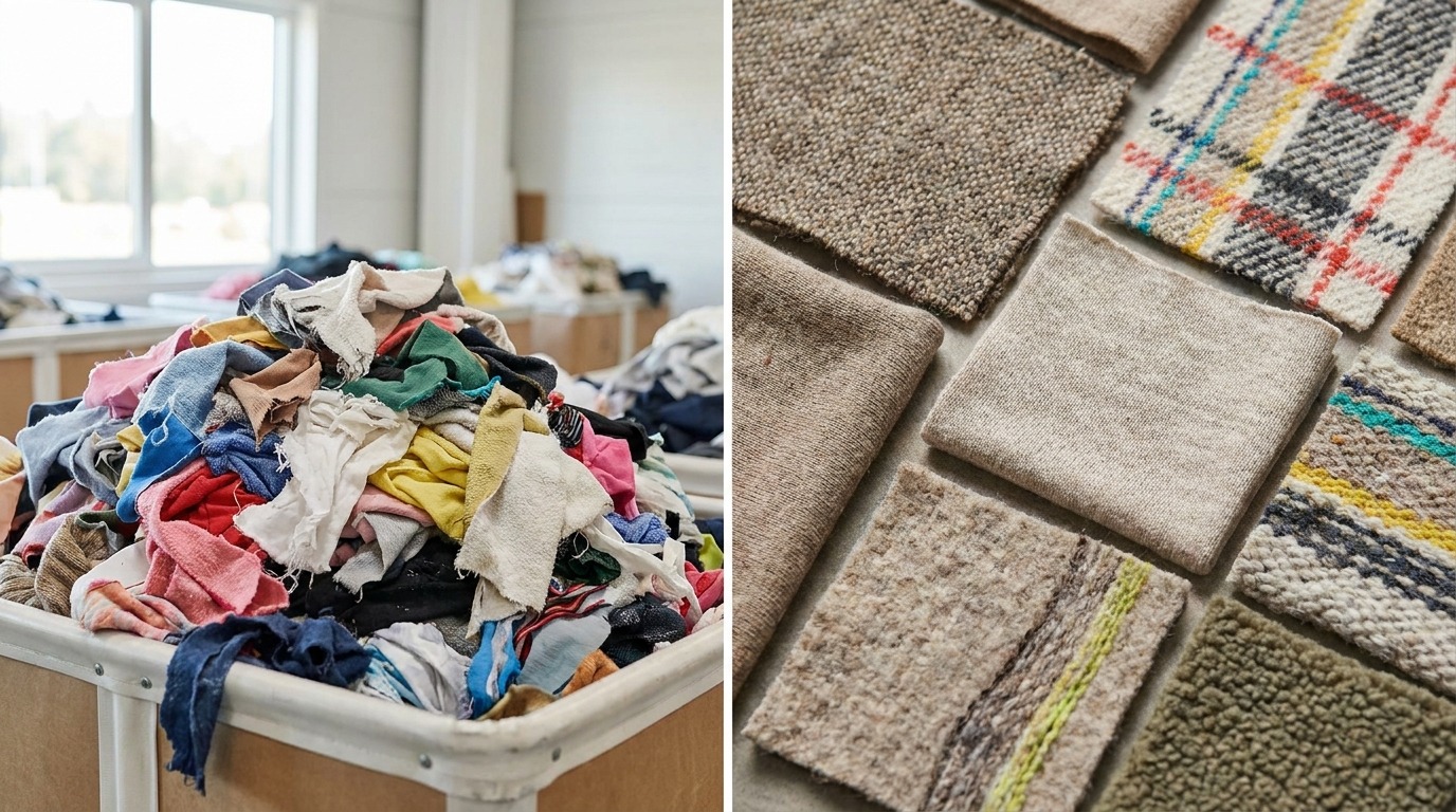 Pile of colorful fabric scraps next to flat swatches of recycled textile textures