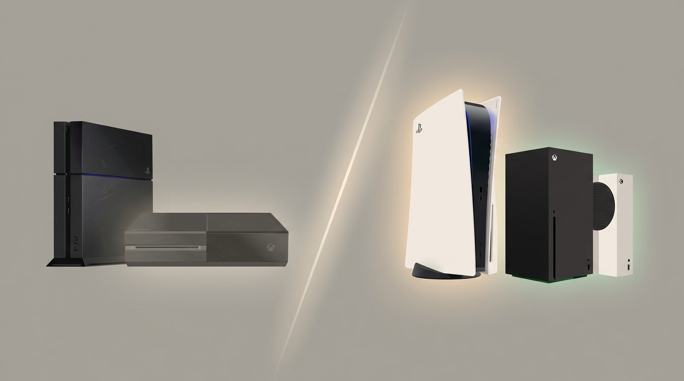 PS4 and Xbox One on left; PS5 and Xbox Series S/X on right, showing a visual transition between generations