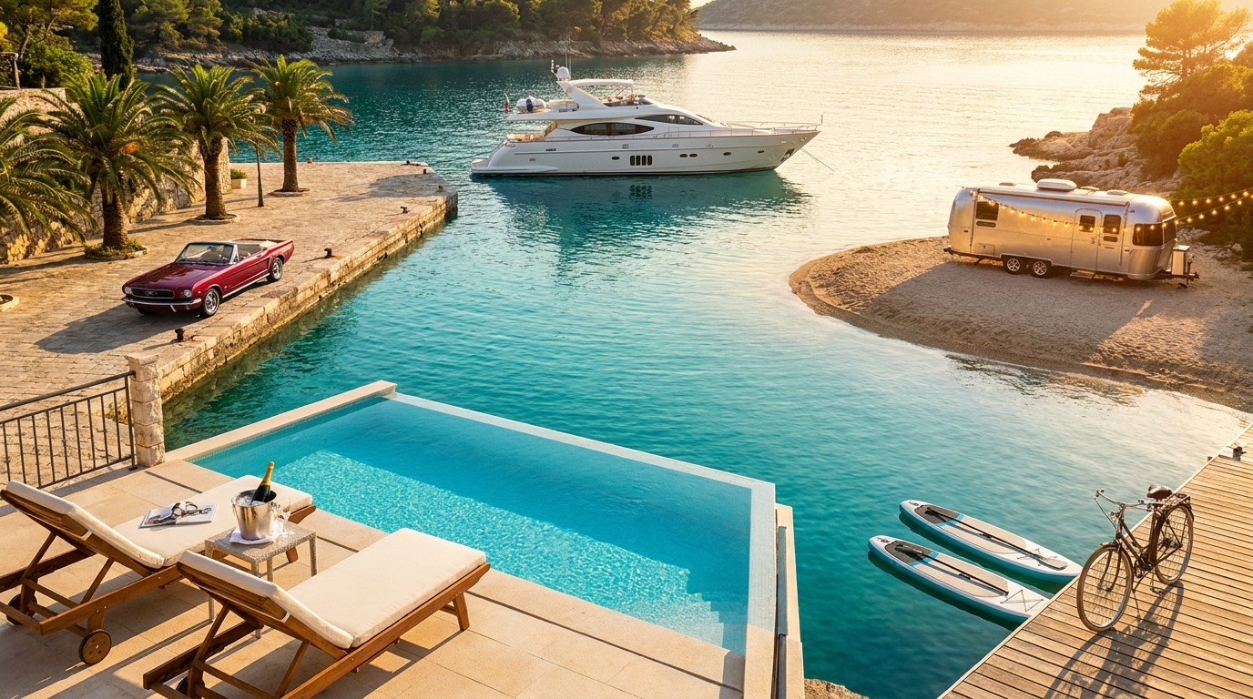 Sunlit luxury summer scene with yacht, red convertible, private pool terrace, Airstream trailer, and arranged adventure gear