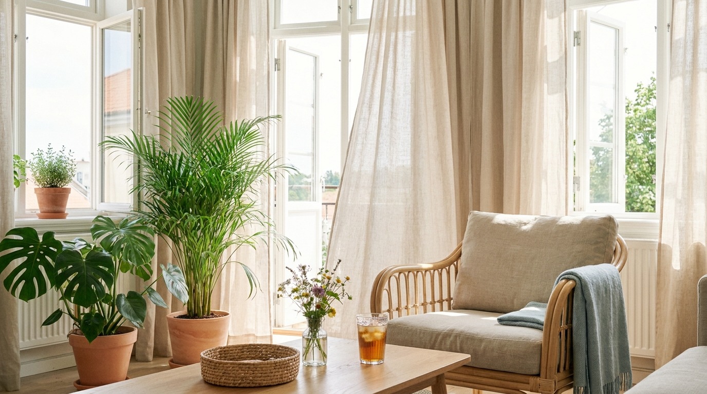 Airy summer living room with houseplants and cozy seating