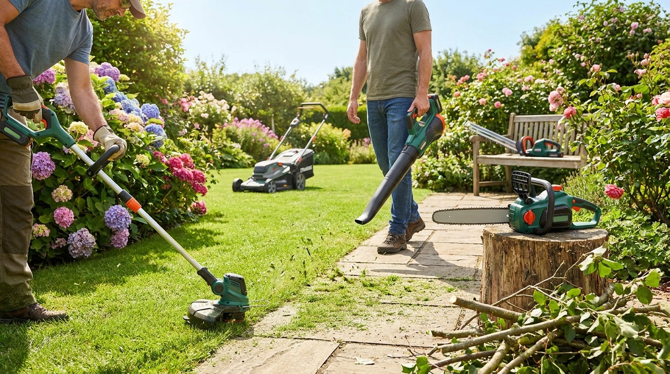 Cordless lawn and garden tools in use