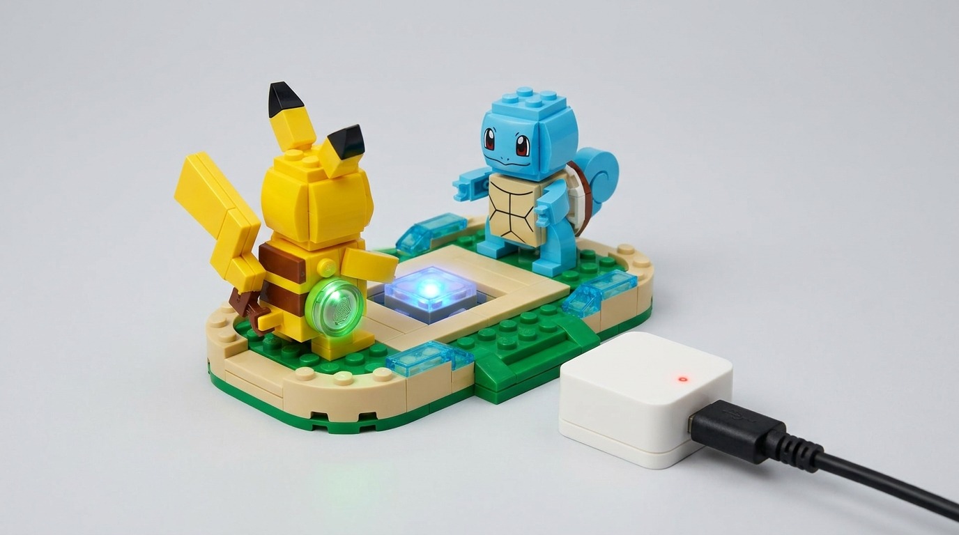 Lego Smart Play Pokémon activation showing glowing Smart Brick and Smart Tag