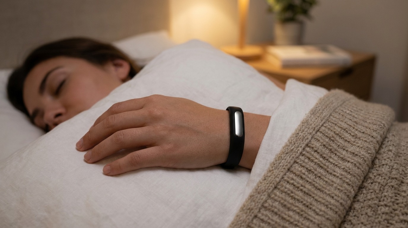 Person wearing a sleek sleep tracker on their wrist while sleeping